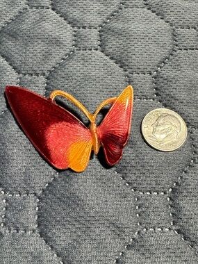 Vintage Enamel Butterfly Brooch / Pin / Lapel - Red-Pink-Mustard Colors
